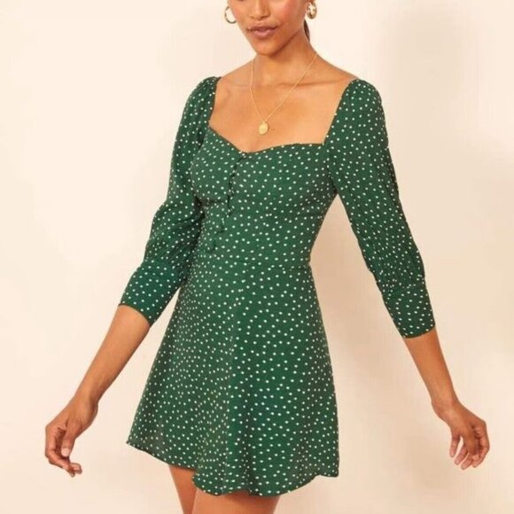 REFORMATION GREEN POLKA DOT LUMIERE DRESS - Picture 1 of 4